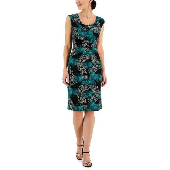 connected apparel | Dresses | Connected Apparel Womens Green Printed Mini  Cowlneck Sheath Dress Nwt | Poshmark